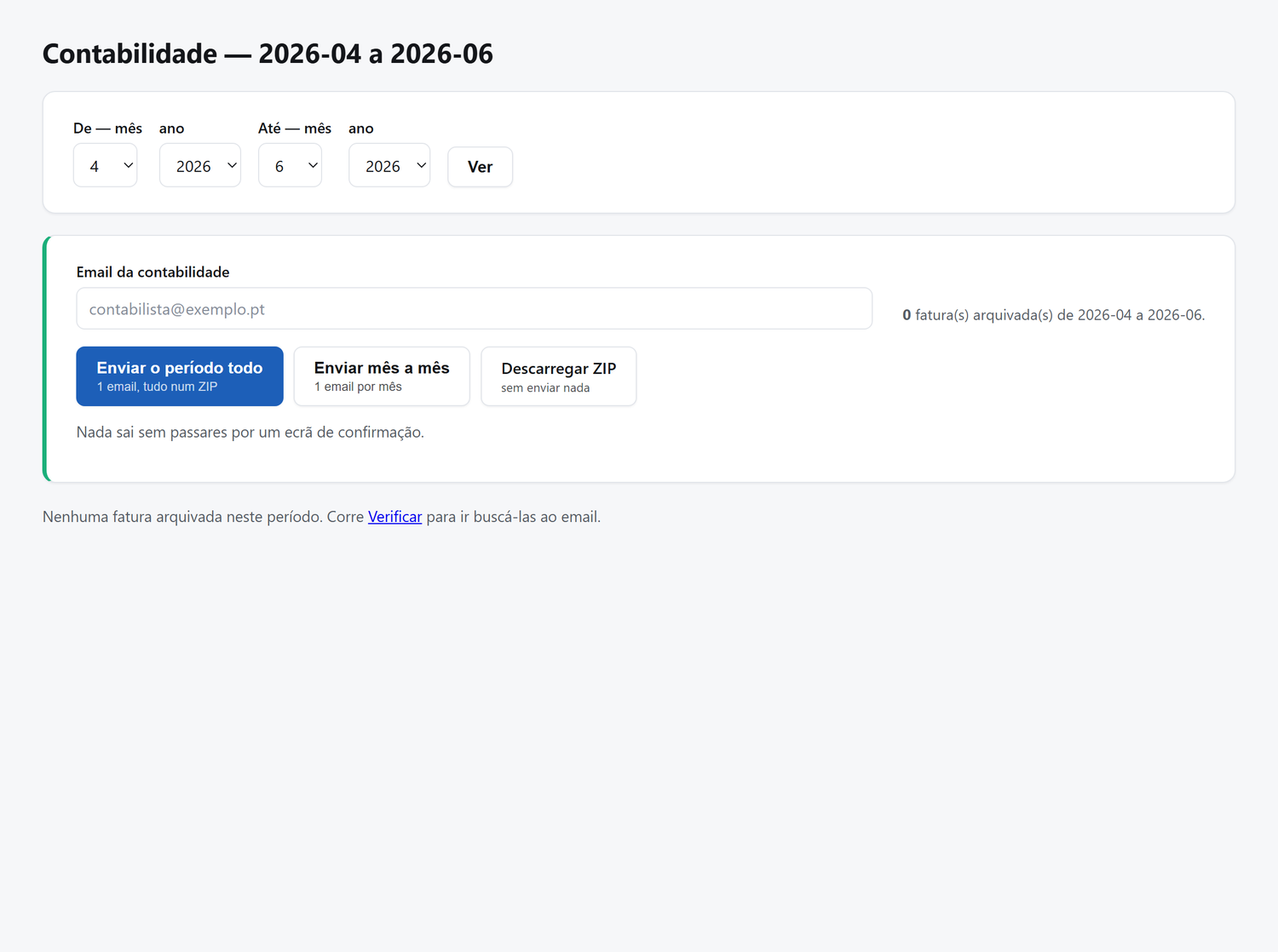 O arquivo de PDF organizado por mês, pronto a mandar ao contabilista