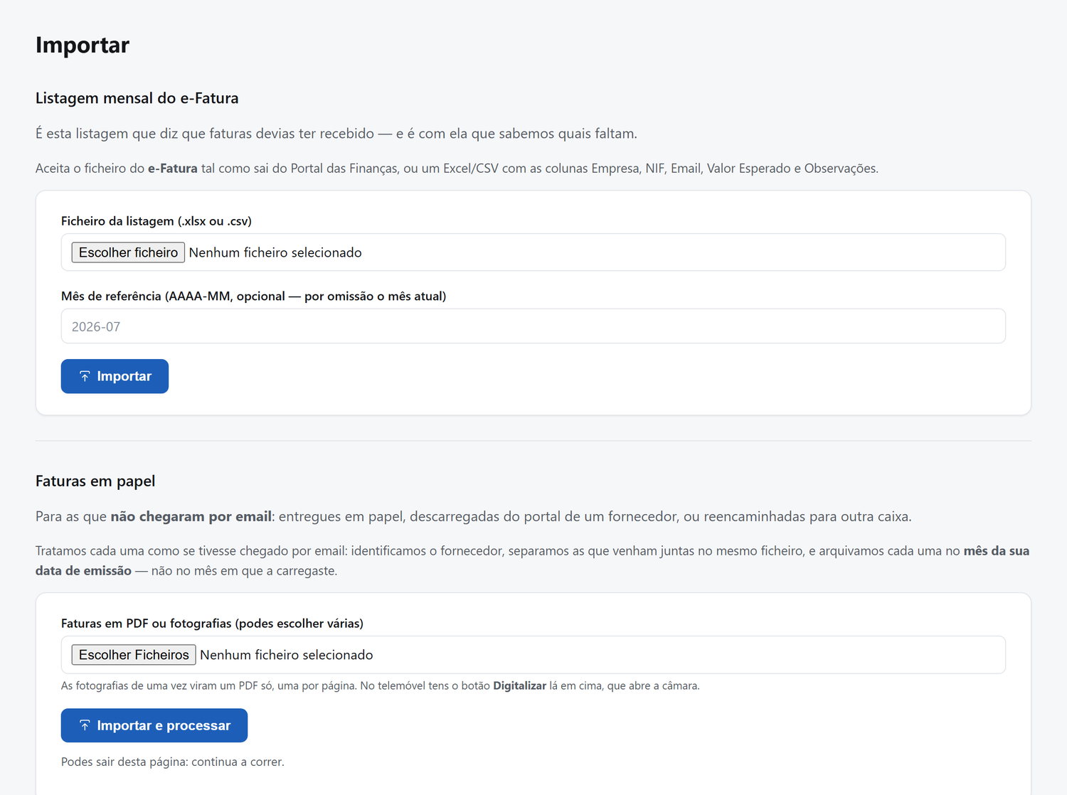 A importação da listagem e-Fatura das Finanças